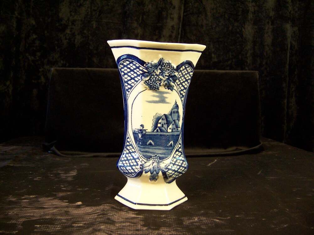 Vintage Delft Blue White Hand Painted Vase Mid Century Dutch Landscape 9.75"
